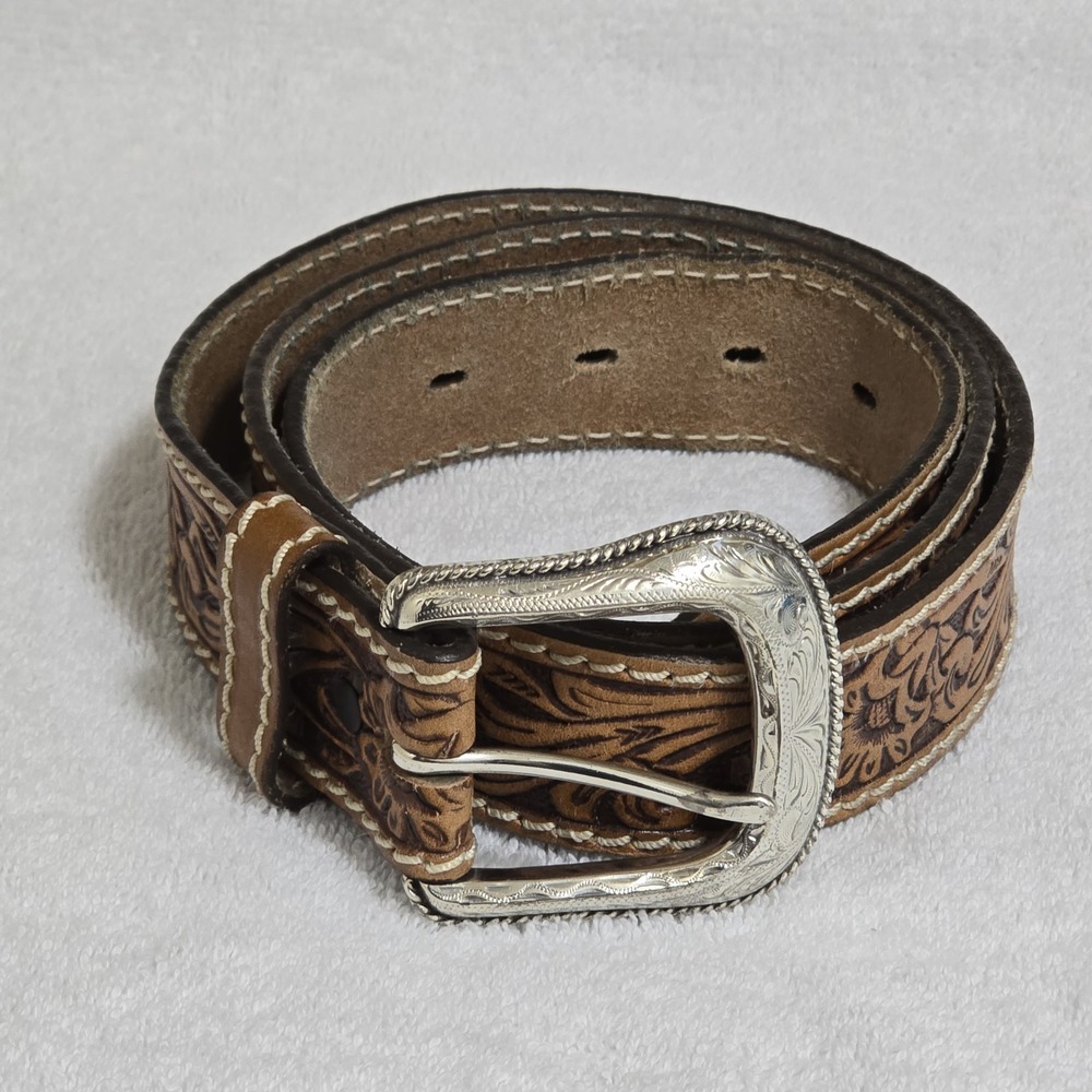 Vintage 1995 Tony Lama Western Tooled Leather Belt Size 38 Floral Buckle USA‎